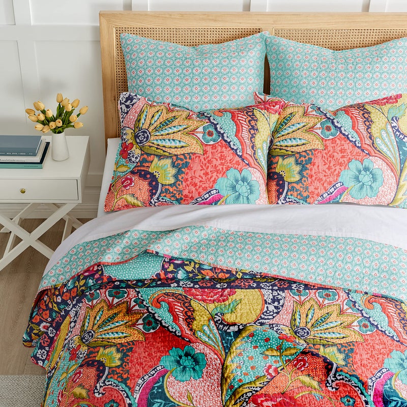 Levtex Home - Jules Quilt Set - Full/Queen Quilt (88x92in.) + Two Standard Pillow Shams (26x20in.) - Bohemian - Teal, Orange, Yellow, Green, Blue, Red, Navy - Reversible - Cotton Fabric - Image 3